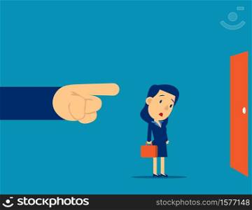 Being Fired. Manager finger showing the exit door. Concept business fired vector illustration, Kid flat cartoon business character design.
