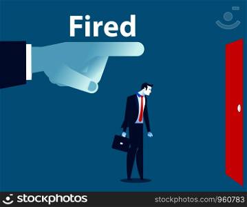 Being fired. Managers fingers showing the exit door to a businessman. Concept business illustration. Vector flat.