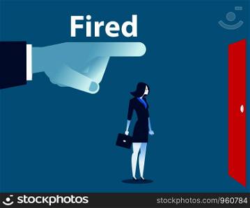Being fired. Managers fingers showing the exit door to a businesswoman. Concept business illustration. Vector flat.. Being fired. Managers fingers showing the exit door to a businesswoman. Concept business illustration. Vector flat.