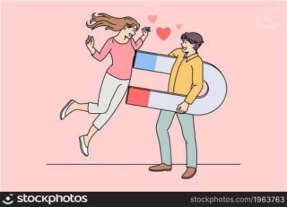 Being handsome and attractive concept. Young smiling handsome man standing and attractive pretty woman with magnet vector illustration . Being handsome and attractive concept.