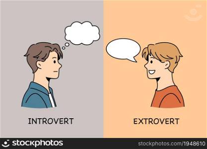Being introvert or extrovert concept. Young serious boy introvert and smiling boy extrovert standing opposite each other with lettering vector illustration. Being introvert or extravert concept