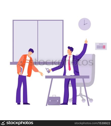 Being late employee in office. Upset character receives reprimand from boss for frequent lateness to work modern flat style furnishings and furniture poor attitude to deadline and vector tasks.. Being late employee in office. Upset character receives reprimand from boss for frequent lateness to work.