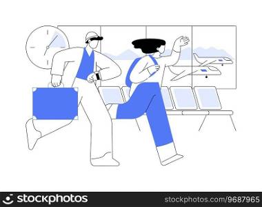Being late for the flight isolated cartoon vector illustrations. Couple arriving late for landing a plane at the airport, people lifestyle, vacation problems, look at the watch vector cartoon.. Being late for the flight isolated cartoon vector illustrations.