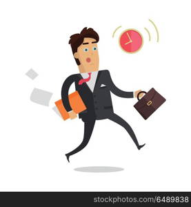 Being late to meetings vector concept. Flat design. Worried businessman with briefcase and documents hurries to appointed time. Punctuality and stress at work. For business concept. Isolated on white . Being Late to Meetings Flat Style Vector Concept. Being Late to Meetings Flat Style Vector Concept