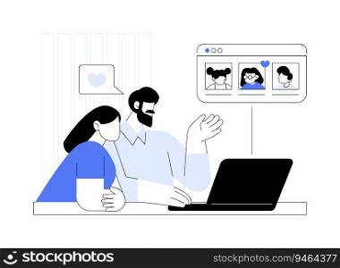 Being matched with a child abstract concept vector illustration. Future parent looking at kids photos using laptop, bureaucracy sector, orphan adoption, parenthood idea abstract metaphor.. Being matched with a child abstract concept vector illustration.