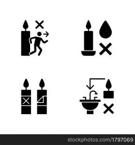 Being safe around candle black glyph manual label icons set on white space. Extinguish without water. Unattended candle. Silhouette symbols. Vector isolated illustration for product use instructions. Being safe around candle black glyph manual label icons set on white space
