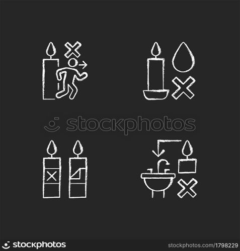 Being safe around candle chalk white manual label icons set on dark background. Extinguish without water. Isolated vector chalkboard illustrations for product use instructions on black. Being safe around candle chalk white manual label icons set on dark background
