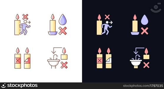Being safe around candle light and dark theme RGB color manual label icons set. Isolated vector illustrations on white and black space. Simple filled line drawings pack for product use instructions. Being safe around candle light and dark theme RGB color manual label icons set