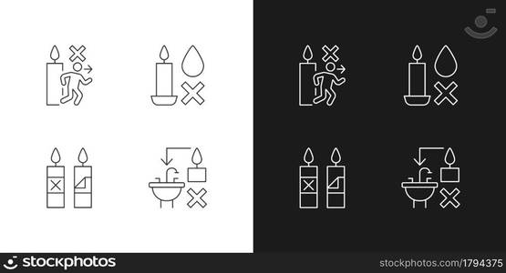 Being safe around candle linear manual label icons set for dark and light mode. Customizable thin line symbols. Isolated vector outline illustrations for product use instructions. Editable stroke. Being safe around candle linear manual label icons set for dark and light mode