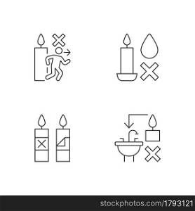 Being safe around candle linear manual label icons set. Remove packaging. Customizable thin line contour symbols. Isolated vector outline illustrations for product use instructions. Editable stroke. Being safe around candle linear manual label icons set