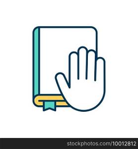 Being trustworthy RGB color icon. Keeping promises. Swearing on Bible. Reliable, responsible person. Placing hand on book and making oath. Deserving trust and confidence. Isolated vector illustration. Being trustworthy RGB color icon