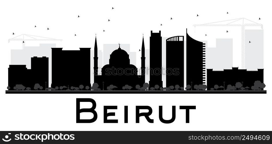 Beirut City skyline black and white silhouette. Vector illustration. Simple flat concept for tourism presentation, banner, placard or web site. Business travel concept. Cityscape with landmarks