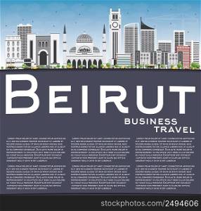 Beirut Skyline with Gray Buildings, Blue Sky and Copy Space. Vector Illustration. Business Travel and Tourism Concept with Modern Architecture. Image for Presentation Banner Placard and Web Site.