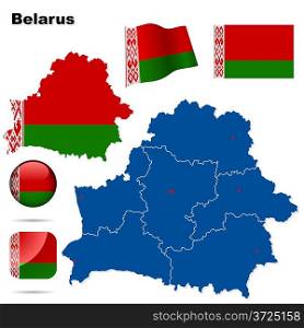 Belarus vector set. Detailed country shape with region borders, flags and icons isolated on white background.