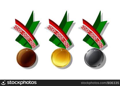 Belarusian medals in gold, silver and bronze with national flag. Isolated vector objects over white background