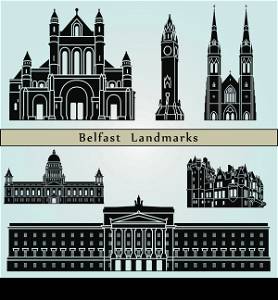 Belfast landmarks and monuments isolated on blue background in editable vector file