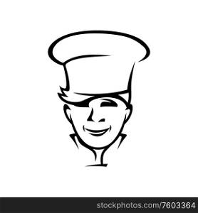 Belgian chef cook isolated man. Vector baker or waiter in toque hat, outline portrait. Chef cook with moustache, belgian kitchener