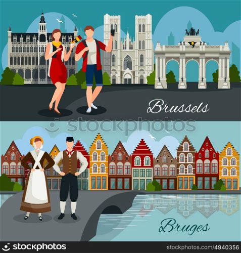 Belgian Cities Flat Style Compositions. Flat style compositions with architecture of belgian cities tourists and residents in national clothing isolated vector illustration