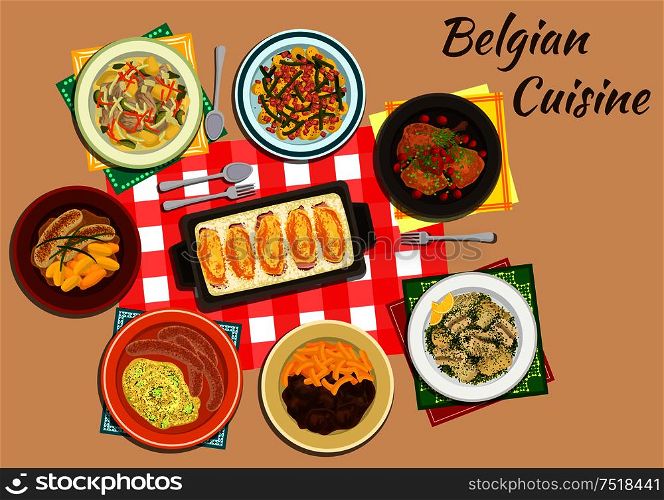 Belgian cuisine endive rolls witloof with ham and cheese flat icon served with milk sausages, fries with beef stew, mashed potatoes stoemp, creamy chicken and vegetable stew, rabbit with cherries, potato salad with bacon and beans, eel in green sauce. Original dishes of belgian cuisine