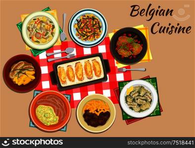 Belgian cuisine endive rolls witloof with ham and cheese flat icon served with milk sausages, fries with beef stew, mashed potatoes stoemp, creamy chicken and vegetable stew, rabbit with cherries, potato salad with bacon and beans, eel in green sauce. Original dishes of belgian cuisine