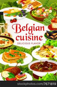 Belgian cuisine food with vector meat, seafood and vegetable dishes. Beer beef stew carbonnade, mussels and Flemish asparagus, bread, nut waffles and rice cake, tuna salad and mushroom cream soup. Belgian cuisine meat, seafood and vegetable food