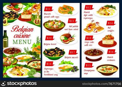 Belgian cuisine restaurant menu vector template of meat and seafood dishes with waffle dessert. Potato salad, Flemish asparagus and mussels, beef beer stew carbonnade, rice cake and cream soup. Belgian cuisine restaurant menu vector template