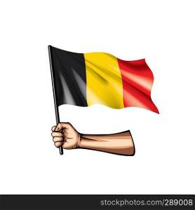 Belgium flag and hand on white background. Vector illustration.. Belgium flag and hand on white background. Vector illustration