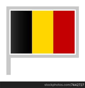Belgium flag on flagpole, rectangular shape icon on white background, vector illustration.. flag on flagpole, rectangular shape icon on white background, vector illustration.