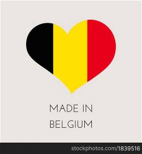 Belgium heart shaped label with belgian flag. Made in BE sticker. Factory, manufacturing and production country concept. Vector stock illustration