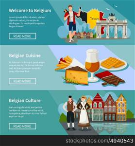Belgium Horizontal Banners Set Flat Style. Set of horizontal banners in flat style with landmarks of belgium cuisine and culture isolated vector illustration
