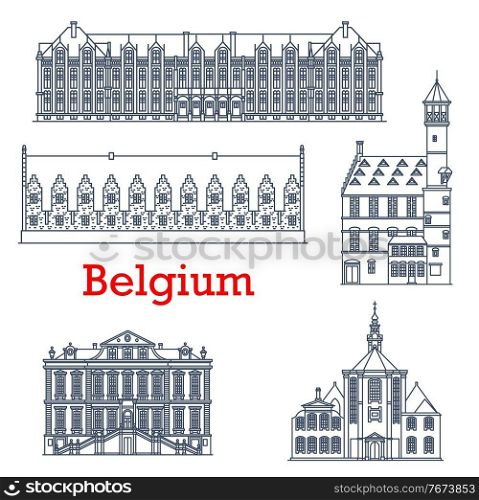 Belgium travel landmark architecture, Liege palaces, cathedrals and churches, vector. Belgian famous buildings of Sainte Elisabeth Eglise church, Liege town hall Stadhuis and Prince Bishops Palace. Belgium travel landmark architecture, Liege palace