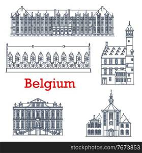 Belgium travel landmark architecture, Liege palaces, cathedrals and churches, vector. Belgian famous buildings of Sainte Elisabeth Eglise church, Liege town hall Stadhuis and Prince Bishops Palace. Belgium travel landmark architecture, Liege palace