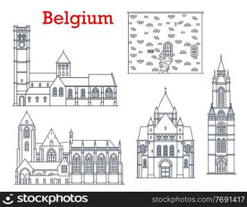 Belgium travel landmarks, architecture and buildings, vector cathedrals and churches. Belgium landmarks of Saint Quentin and St Brice church in Leuven and Tournai, Our Lady cathedral in Courtray. Belgium cathedrals, architecture landmarks, travel