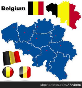 Belgium vector set. Detailed country shape with region borders, flags and icons isolated on white background.