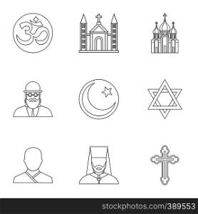 Beliefs icons set. Outline illustration of 9 beliefs vector icons for web. Beliefs icons set, outline style