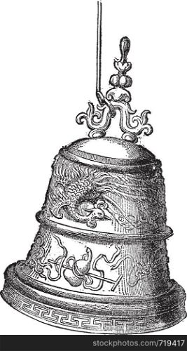 Bell found in the pagoda of Pak Ta, vintage engraved illustration. Le Tour du Monde, Travel Journal, (1872).