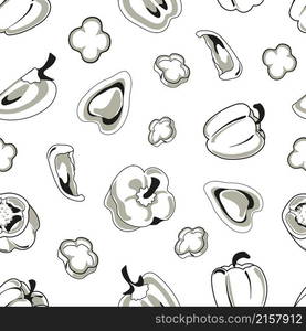 Bell pepper, sweet pepper, capsicum, whole and cut into slices and rings. Simple doodle style black and white realistic vegetables in seamless pattern for prints. Realistic sweet pepper, bell pepper, whole and cut into slices and rings. Seamless pattern