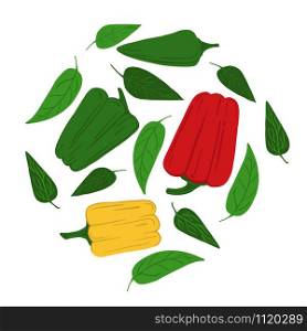 Bell peppers and leaves on a white background. Hand draw vegetable print. Vector illustration.. Bell peppers and leaves on a white background. Hand draw vegetable print. V