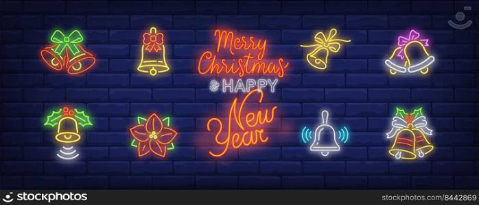 Bells neon sign collection. Glowing neon bells. Holiday, celebration, present. Vector illustration in neon style for greeting card, invitation, announcement