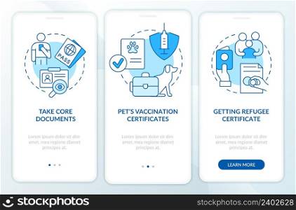 Belongings and documents blue onboarding mobile app screen. Help refugees walkthrough 3 steps graphic instructions pages with linear concepts. UI, UX, GUI template. Myriad Pro-Bold, Regular fonts used. Belongings and documents blue onboarding mobile app screen