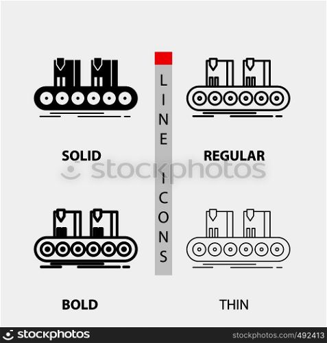 Belt, box, conveyor, factory, line Icon in Thin, Regular, Bold Line and Glyph Style. Vector illustration. Vector EPS10 Abstract Template background