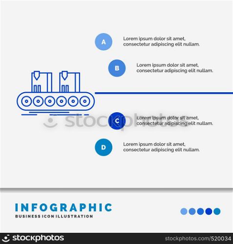 Belt, box, conveyor, factory, line Infographics Template for Website and Presentation. Line Blue icon infographic style vector illustration. Vector EPS10 Abstract Template background
