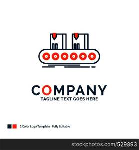 Belt, box, conveyor, factory, line Logo Design. Blue and Orange Brand Name Design. Place for Tagline. Business Logo template.