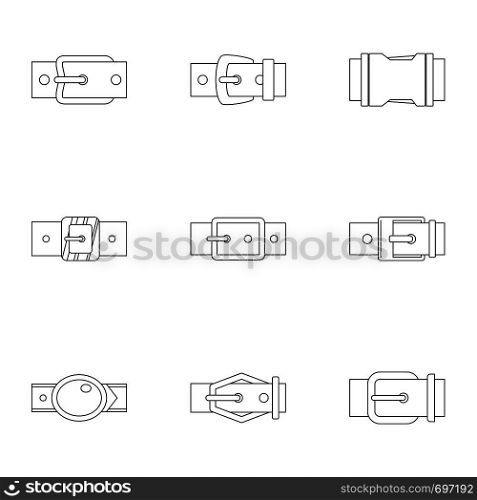 Belt buckle icon set. Outline set of 9 belt buckle vector icons for web isolated on white background. Belt buckle icon set, outline style