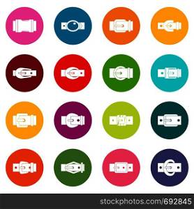 Belt buckles icons many colors set isolated on white for digital marketing. Belt buckles icons many colors set