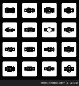 Belt buckles icons set in white squares on black background simple style vector illustration. Belt buckles icons set squares vector
