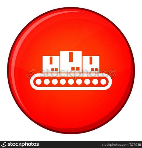 Belt conveyor with load icon in red circle isolated on white background vector illustration. Belt conveyor with load icon, flat style