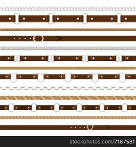 Belts patterns. Leather belts, metal chains and rope cords horizontal seamless items on white, vector elegant accessories strap tiles. Belts seamless pattern