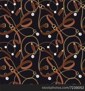 Belts seamless pattern. Gold chains and pendants, bracelets and leather straps, pearl accessory and ring elements design for fashion wallpaper. vector texture. Belts seamless pattern. Gold chains and pendants, bracelets and leather straps elements design for fashion wallpaper vector texture