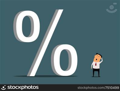 Bemused businessman looking up at big percent symbol, for high cost credit or rising interest rate. Businessman looking up at big percent symbol